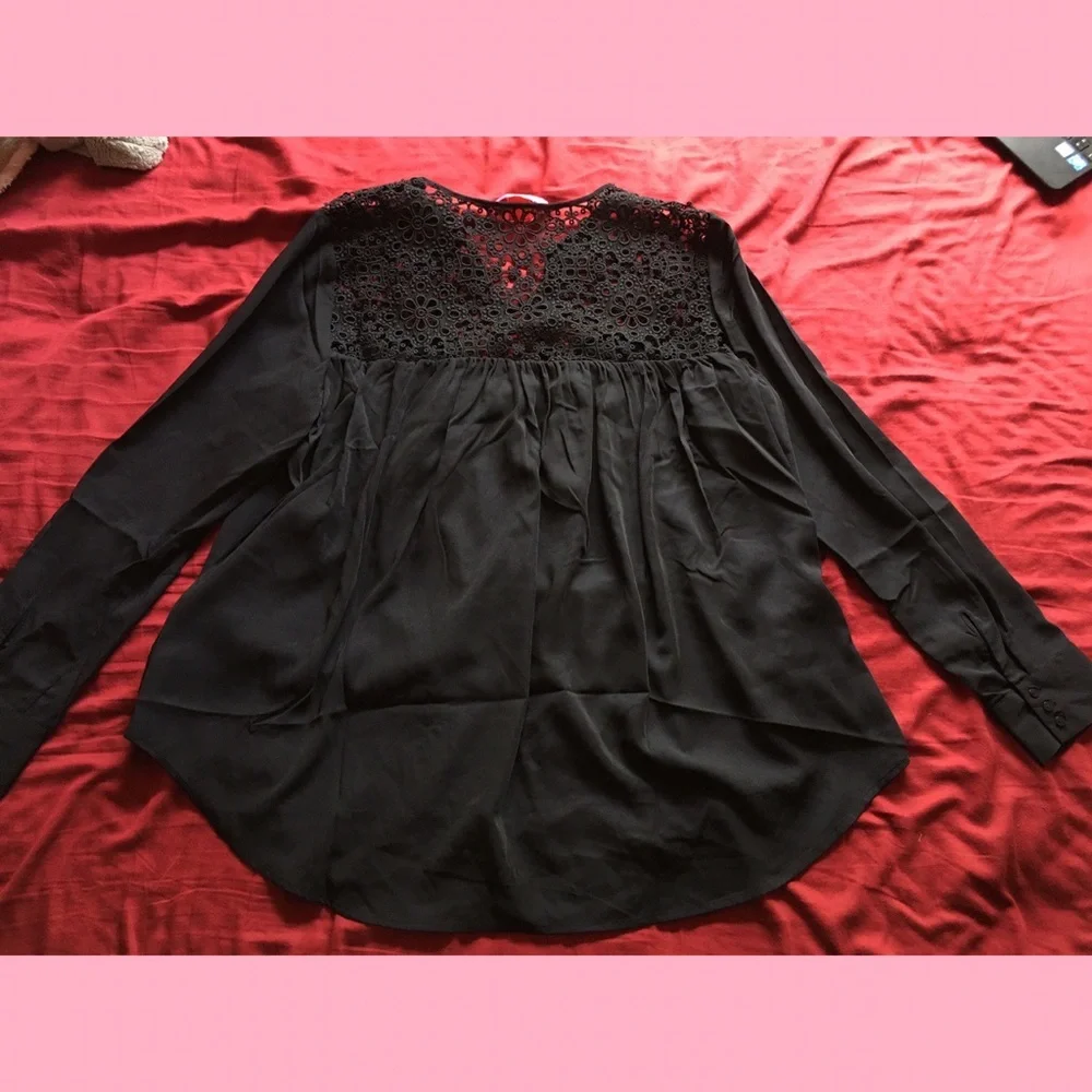 Black lace blouse self tie gothic whimsical romantic vintage - Picture 3 of 4